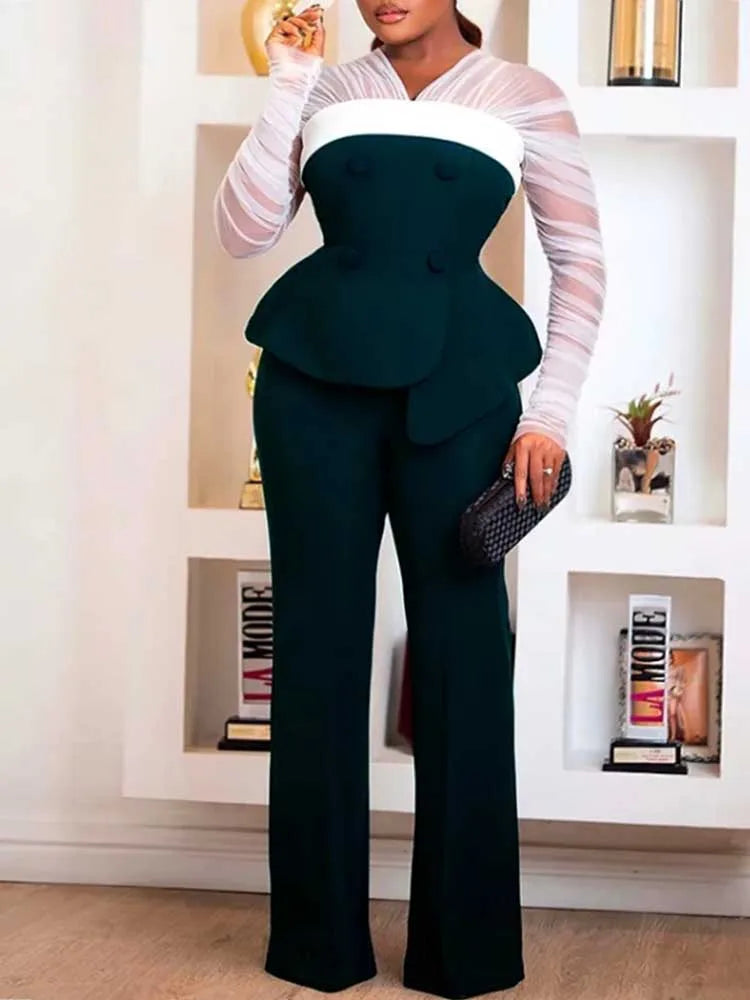 Women Elegant Two Piece Pants Set Female Office Wear White Mesh Sleeves Slim Top and Slacks Pant Sets Sexy Chic Spring Outfits