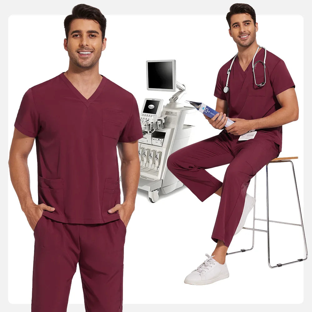 Scrubs Uniform Men Workwear Lab Work Clothes Uniforms Health Service Nursing Uniforms Short Sleeve V-neck Scrubs Tops+Pants Suit