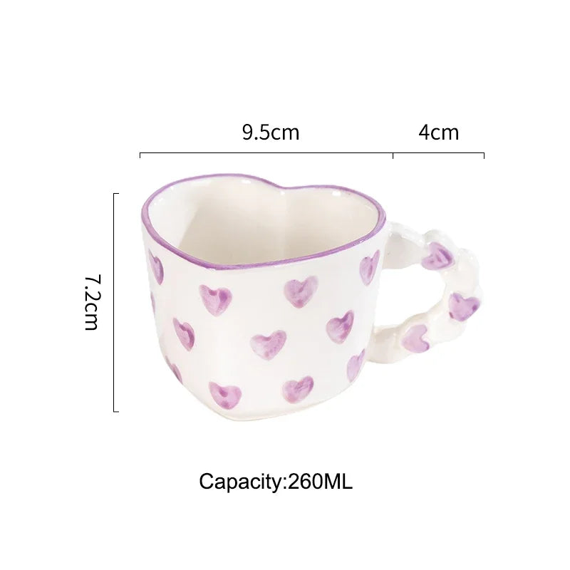 Cute Ins Style Heart Shape Coffee cup with Saucer Hand Painted Love Ceramics Mug Festival Gifts Afternoon tea Cup Breakfast cups