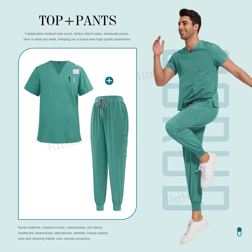 Scrubs Set Men Medical Uniforms Stretch Scrub Tops with Pocket Pants Nurse Uniform Doctor Surgery Overalls Beauty Salon Workwear