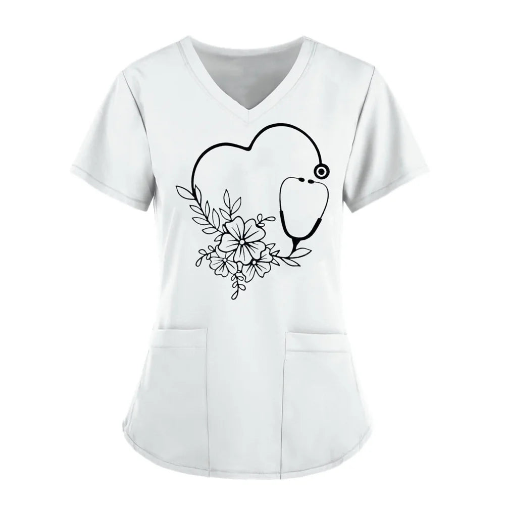 Women T-shirt Working Uniform Print Pocket Pet Grooming Nurse Uniform Clothing Hospital Solid Short Sleeve Spa V-Neck Scrub Tops