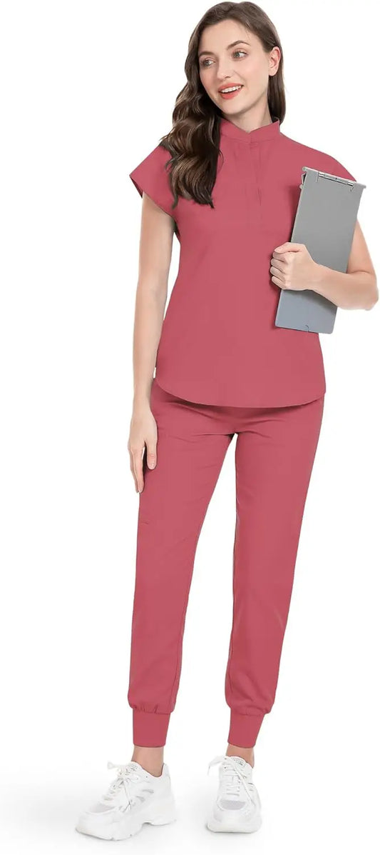 niaahinn Scrubs Set for Women Nurse Uniform Jogger Suit Stretch Top & Pants with Multi Pocket for Nurse Esthetician Workwear