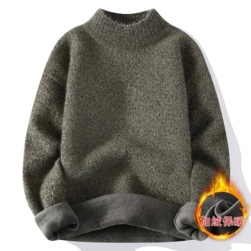 New Winter Men Mock Neck Sweaters Fleece Warm Knitted Pullovers Man Streetwear Loose Casual Sweaters Good Quality Male Pullovers