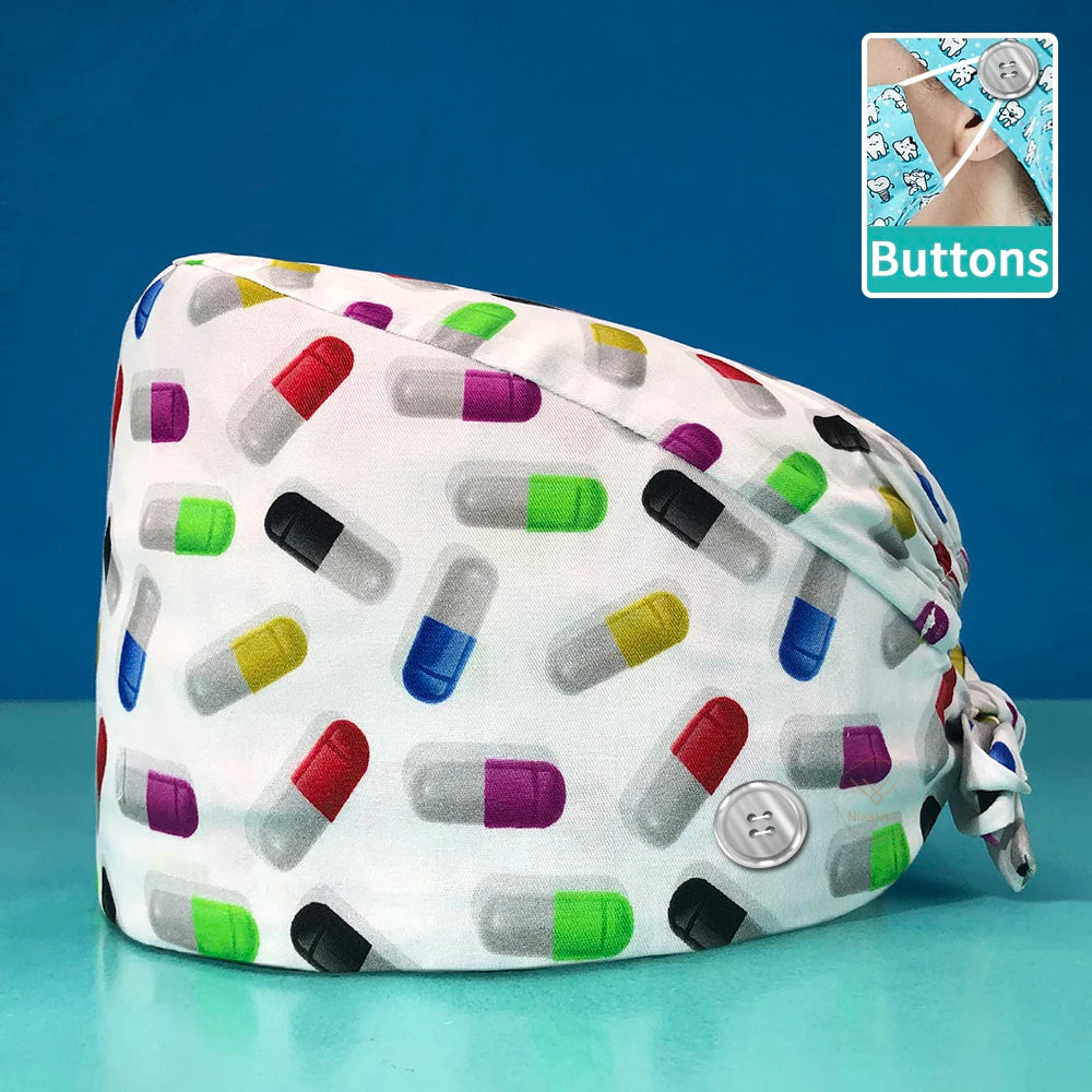 Pill Capsule Pattern Pink Scrubs Cap Female Nurse Medical Clinic Accessories Women's Operating Room Hat with Buttons Cotton Hats