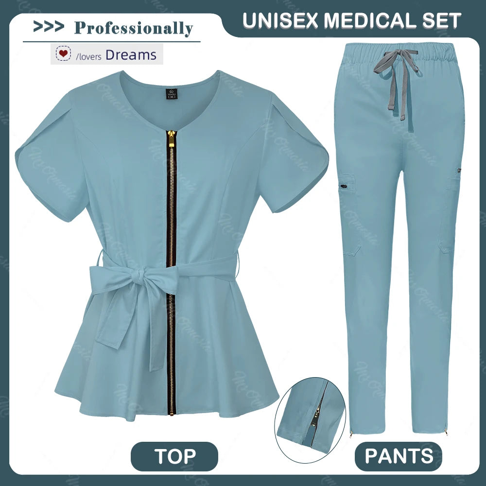 Women Scrubs set,zipper collar beauty clothes,high quality anti wrinkle medical uniforms,soft comfortable fashion nurse workwear