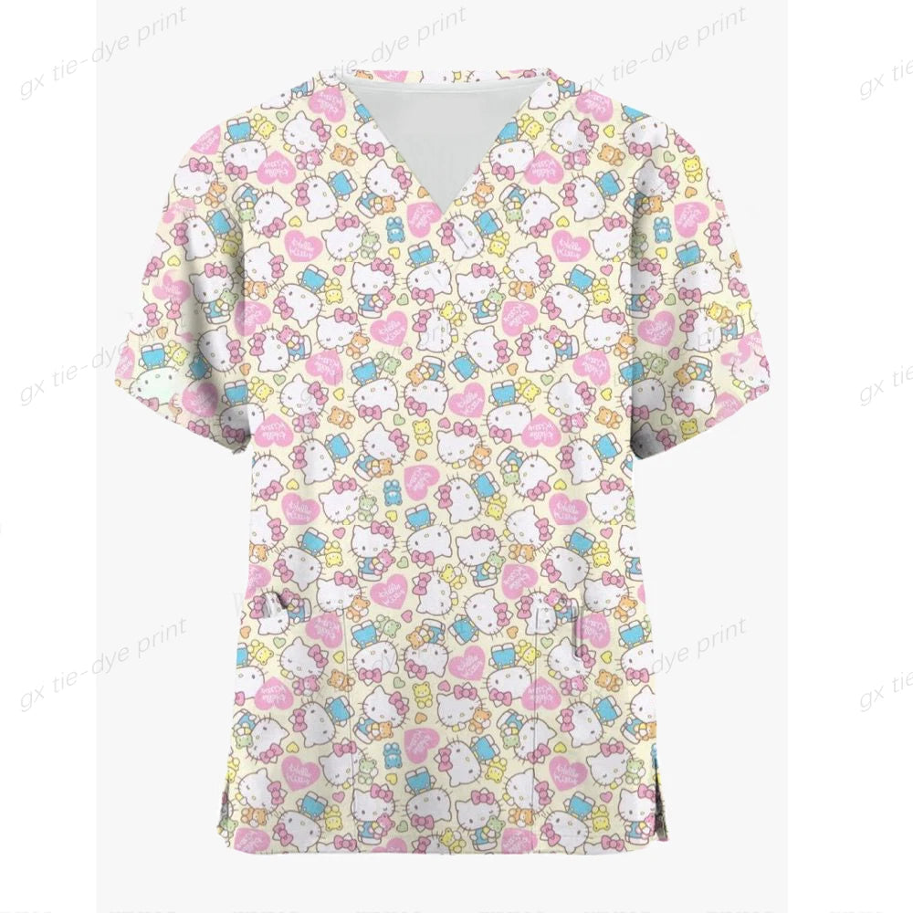 Medical Scrubs Dental Nursing Uniform Surgical Shirts for Women Hello Kitty Printing Surgery Clothes Cotton Medical Clothing 