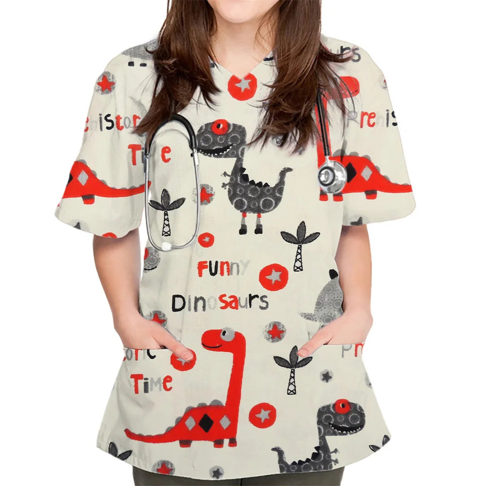 Surgical Uniform Woman Cute Dinosaur Cartoon Print Surgical Uniforms V-Neck Short Sleeve Pet Medical Top Women's Surgical Scrubs