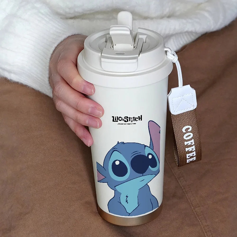 600ML Kawaii Stitch Anime Straw Cup 304 Stainless Cartoon Thermos Cup Portable Double Drinking Water Bottle Gifts For Boys Girls