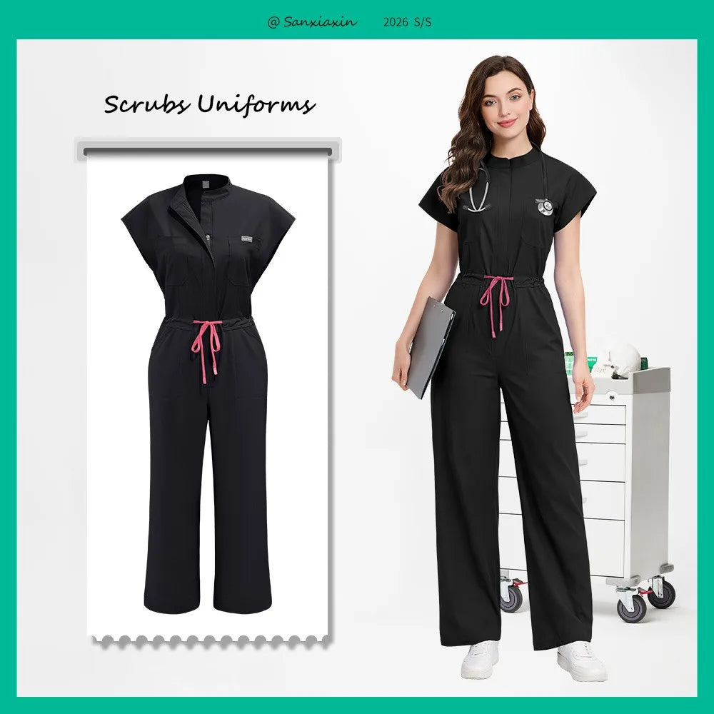 Slim Fitting Elasticity Scrubs Workwear Operating Room Medical Uniforms Nurse Scrubs Jumpsuit Women Solid Color Surgery Clothing