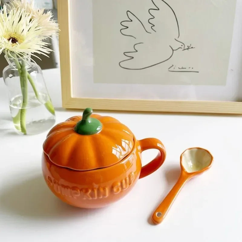 Cute Pumpkin Ceramics Coffee Mug Milk Soup Cup with Lid Breakfast Water Mug Office Home Drinkware Teacup Decoration Morning Cup