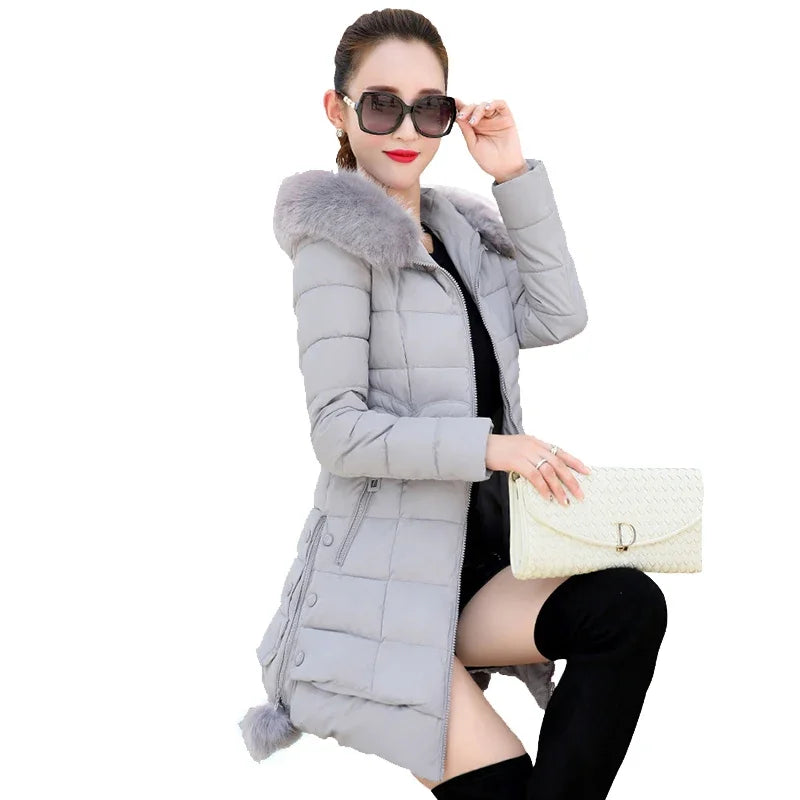 Winter Jacket Women winter coat pure color casual Fur Collar Hooded long hooded cotton lady jacket