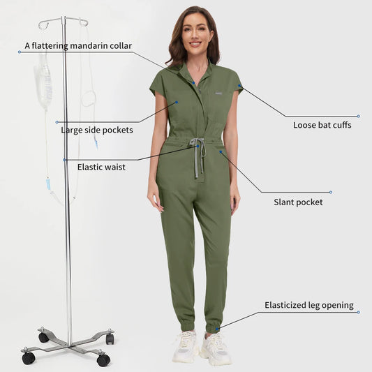 Niaahinn Zipper Neck Lab Jumpsuit Pet Grooming Nurse Uniform Onesie Short Sleeved Scrubs Workwear Health Service Nursing Clothes