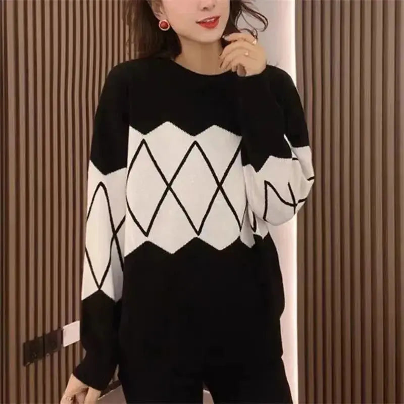 Sweater Women's Autumn and Winter New Warmth Thick Knitted Sweater Color-blocking Slim Base Shirt Top Base Shirt