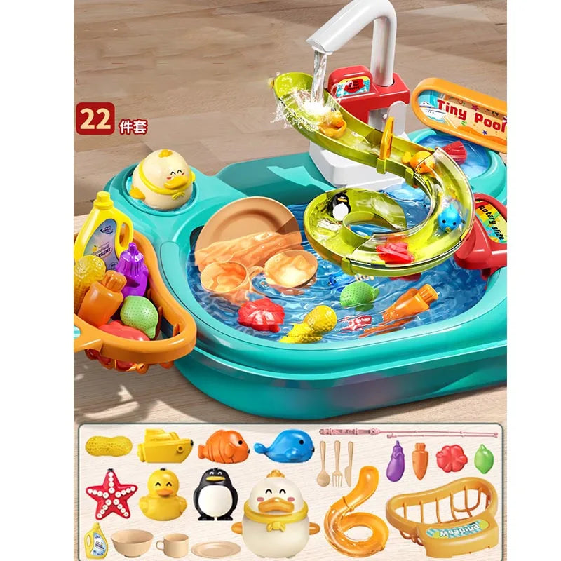 Children's Fishing Toys Electric Pretend Play Toys Dishwashing Basin Toys Gift Kitchen Interactive Toys 2-in-1 Slide Fishing Toy