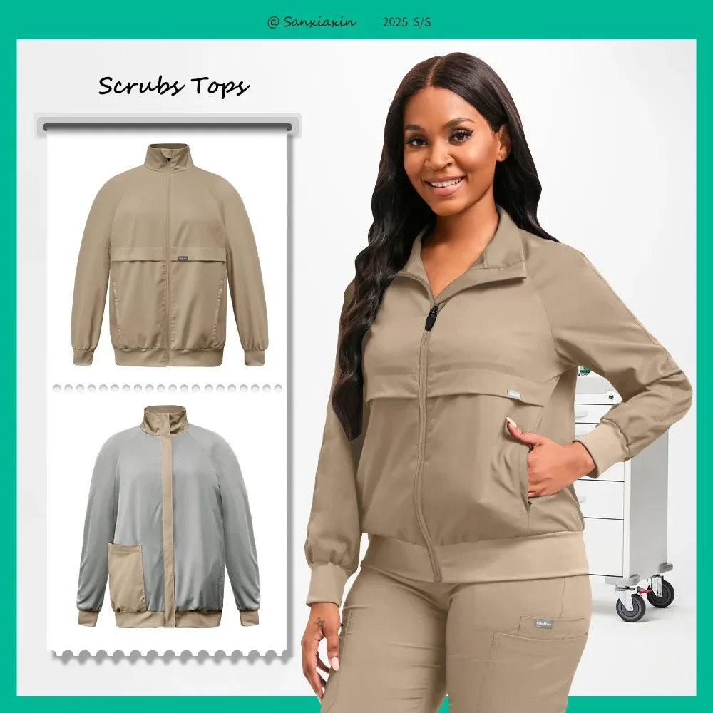 Long Sleeved Medical Scrub Jacket Pharmacy Uniform Women Solid Nurse Hospital Scrub Coat Surgical Uniforms Beauty Salon Workwear