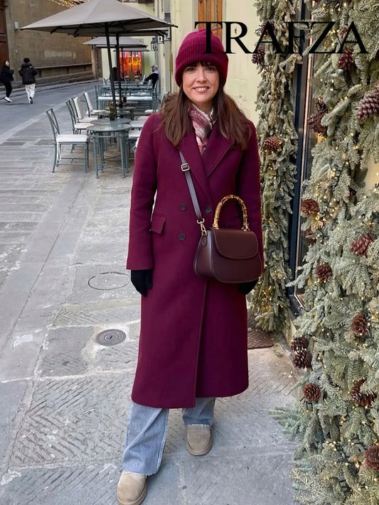 HH Female Autumn Winter Fashion Woolen Long Coat Woman Casual Turn-Down Collar Long Sleeves Pockets Double Breasted Coat