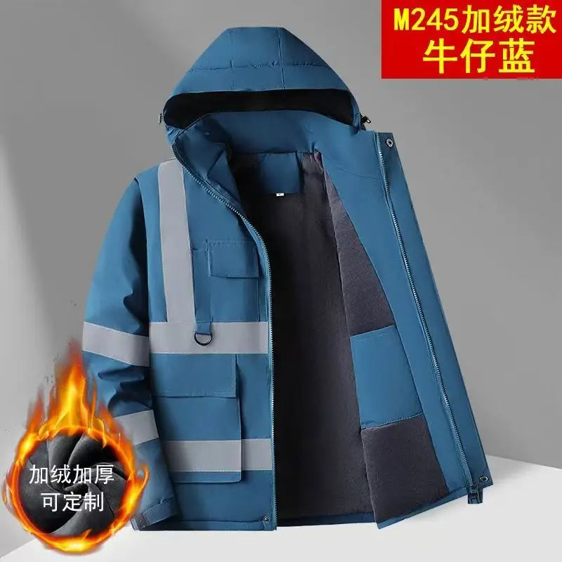 Winter Work Jacket Men, Waterproof Windproof Reflective Thermal Coat, Fleece Lined Abrasion Resistant Parka