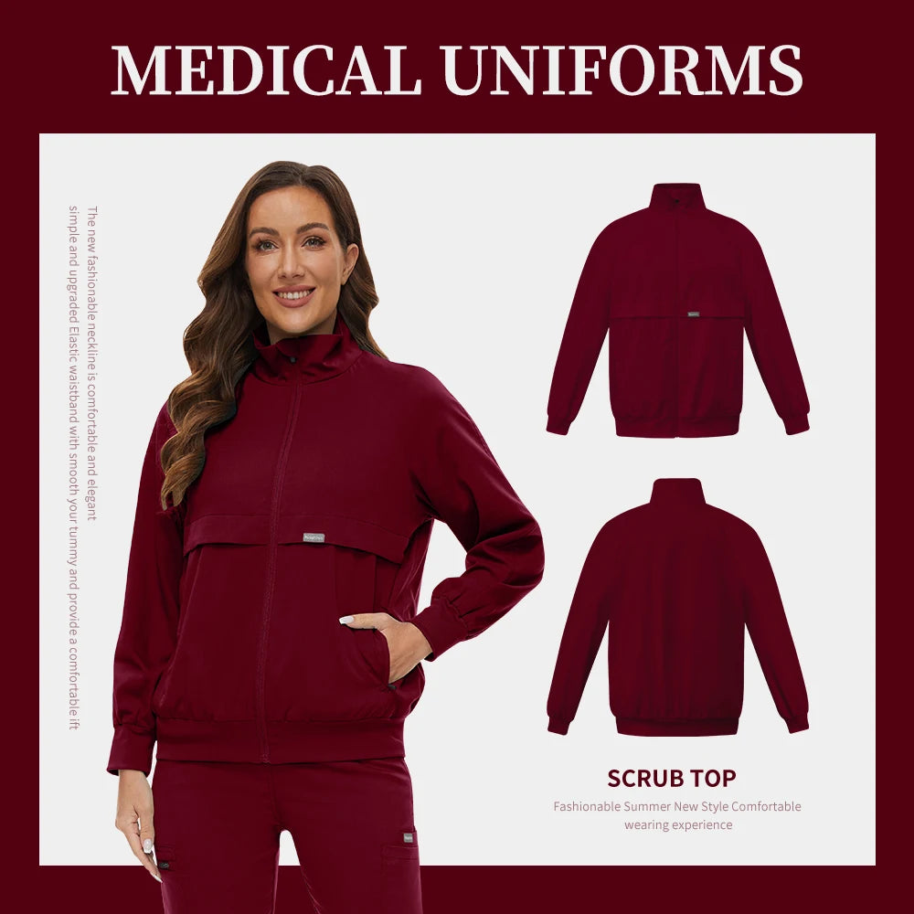 Scrub Jackets Warm Up Medical Scrub Jackets for Women Zip Front Long Sleeved Jacket Doctor Nursing Scrub Outerwear Workwear Tops