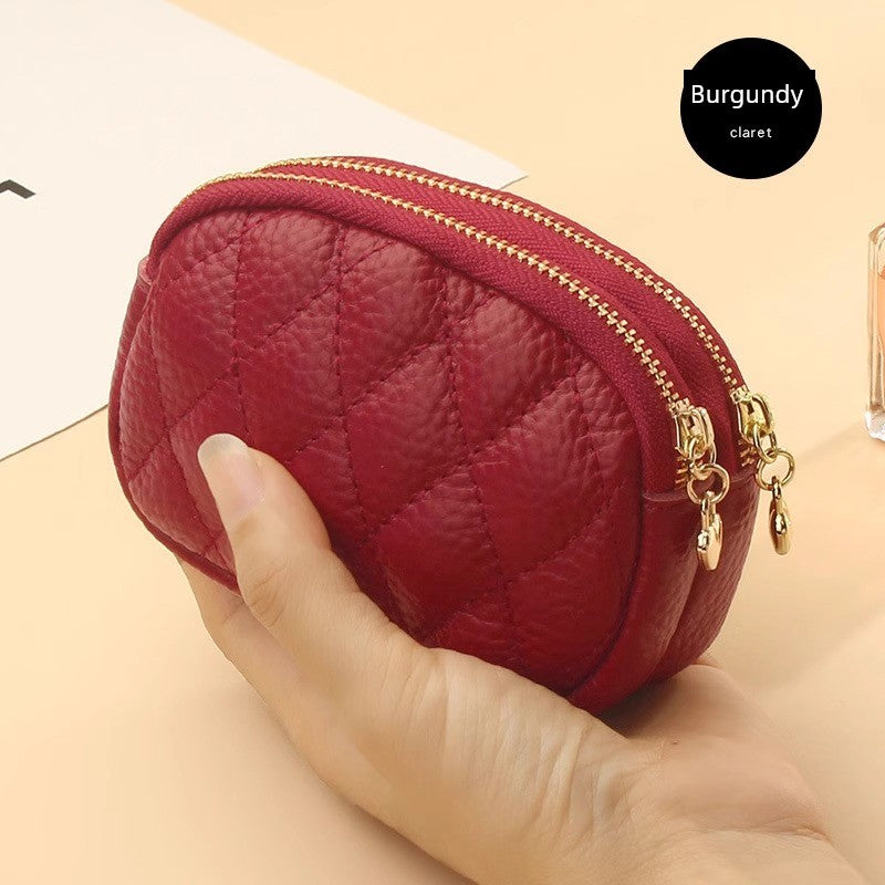 2024 New Arrival First Layer Cowhide Quilted Embroidery Thread Key Ring Buckle Coin Bag Double Layer Zipper Genuine Leather Mini Purse Women