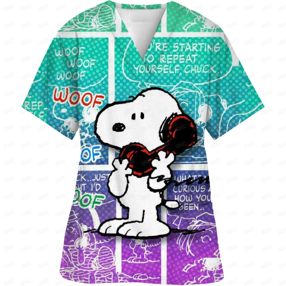 Snoopy print Working Nurse Uniform Women Short Sleeve Pocket Blouse Scrubs Tops Nursing Medical Accessories oversized tshirt