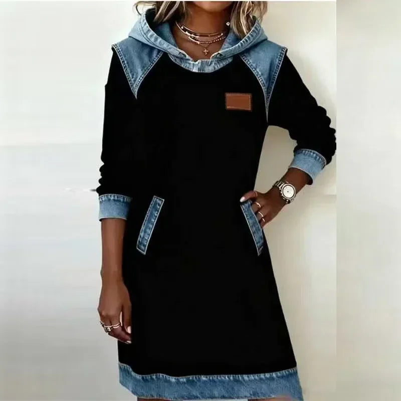 Winter Hoodies Sweatshirt Dress Autumn Pullover Denim Contrast Patchwork Hoodeder Dress Woman Casual Long Sleeve Pocket Dress