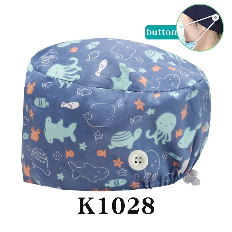 Scrub Caps for Long Hair Premium Surgical Cap Cheap Pharmacy Work Hat Pet Clinic Doctors Dentist Nursing Cap with Buttons K1030