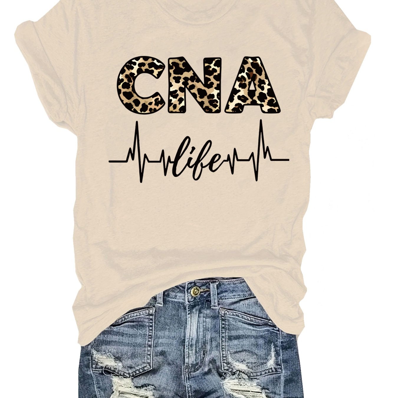 Women'S Casual CNA Graphic Tee - Red Crew Neck T-Shirt with Leopard Print "CNA" Design & Heartbeat Line, All-Season Fashion, Casual Wear|Leopard Print Top|Comfortable Fit, Nurses Shirt