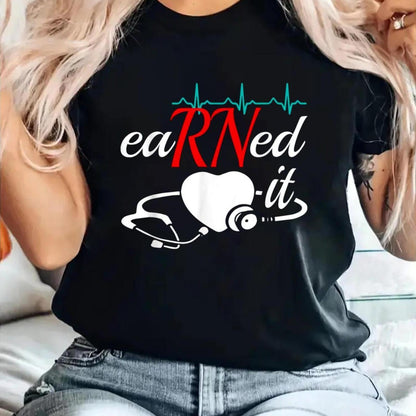 1pc Women's 'Earned It RN' Nurse Graduation T-Shirt - 100% Casual Short Sleeve Top with Stethoscope & EKG Print, Round Neck Spring Summer Shirt for Nursing Graduates & Healthcare Professionals, Nurse Gifts