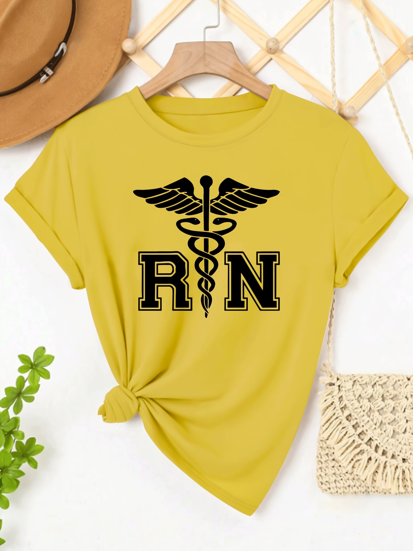 Women's Casual Nurse T-Shirt with RN Graphic - Black Short Sleeve, Round Neck, Machine Washable, Polyester Blend, Comfortable Casual Attire, Nurse Shirt