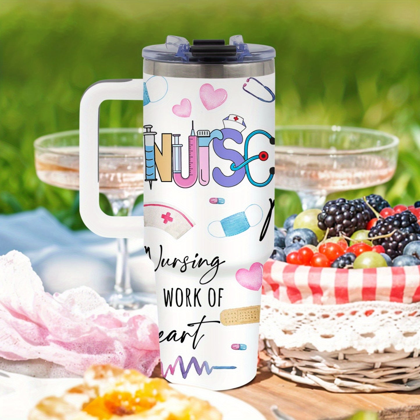 Nurse Gifts for Women, Nurse Nutrition Facts Tumbler with Handle 40oz Flip Straw Stainless Steel Coffee Travel Cup, Nurse Appreciation Gifts for Birthday Nurse Week Graduation, Sports Cup, for Outdoor Sports