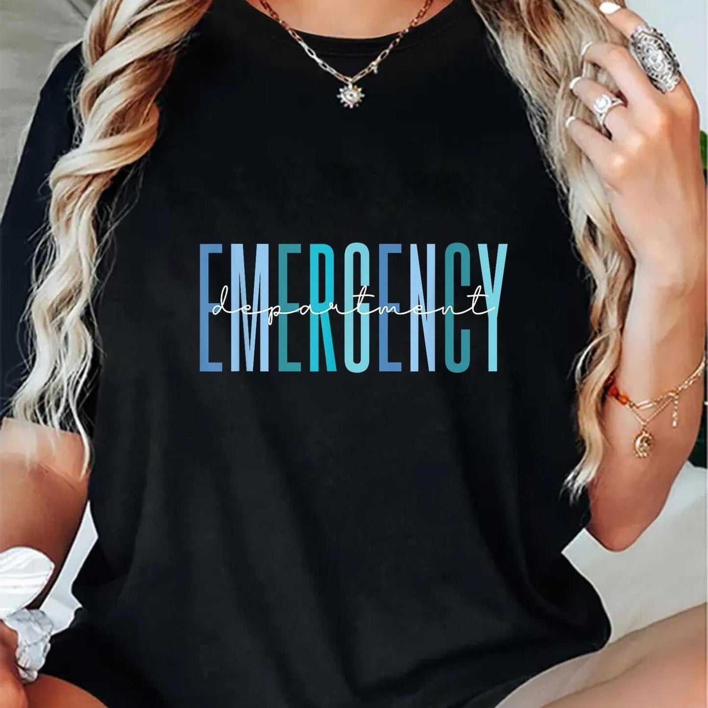 Women's Casual ER Nurse T-Shirt - 100%, Short Sleeve, Round Neck with Bold "EMERGENCY" Print, Lightweight & Breathable for Healthcare Professionals