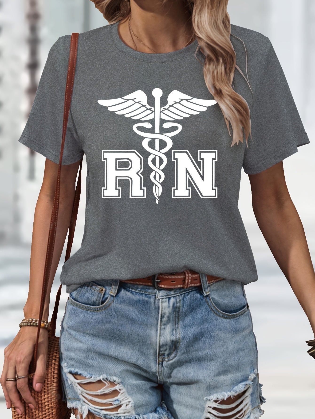Women's Casual Nurse T-Shirt with RN Graphic - Black Short Sleeve, Round Neck, Machine Washable, Polyester Blend, Comfortable Casual Attire, Nurse Shirt