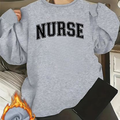 [Relaxed Fit] Women's "NURSE" Letter Print Crew Neck Sweatshirt - Cozy Long Sleeve Pullover, Casual Loose Fit, Perfect for Fall/Winter, Machine Washable, Polyester, Casual Wear|Casual Style|Machine Washable Garment