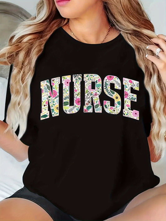 Floral 'NURSE' Print Women's Casual T-Shirt - Soft Short Sleeve Round Neck, Lightweight Breathable Fabric - Vibrant Floral Letter Design for Nurse Appreciation Week & Casual Attire, Nurse Gifts