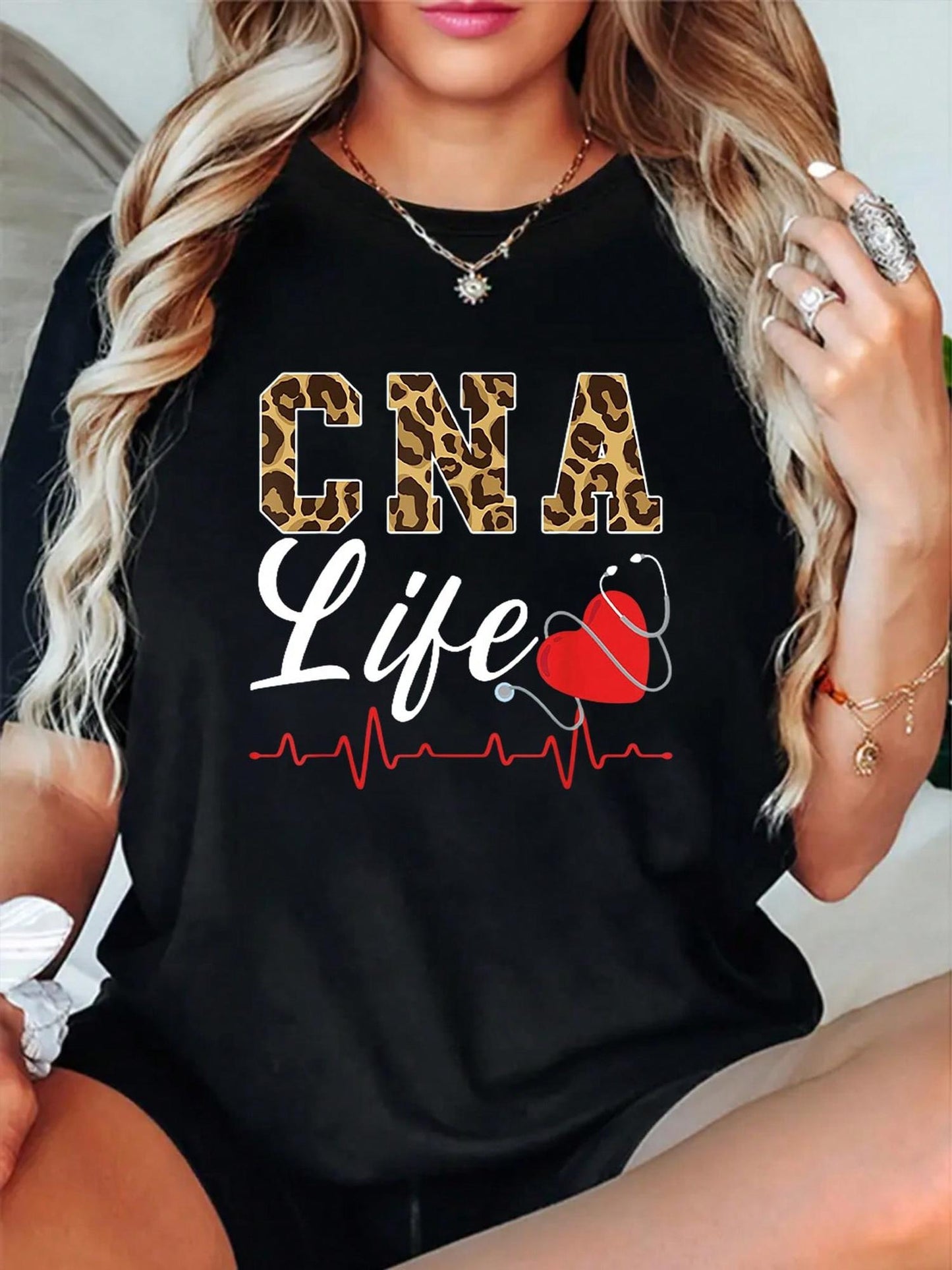 CNA Life Graphic Tee - Women’s Casual Round Neck Short Sleeve T-Shirt, Black with Leopard Print & Medical Heartbeat Design, Soft Fabric, Perfect for Summer, Ladies T Shirts