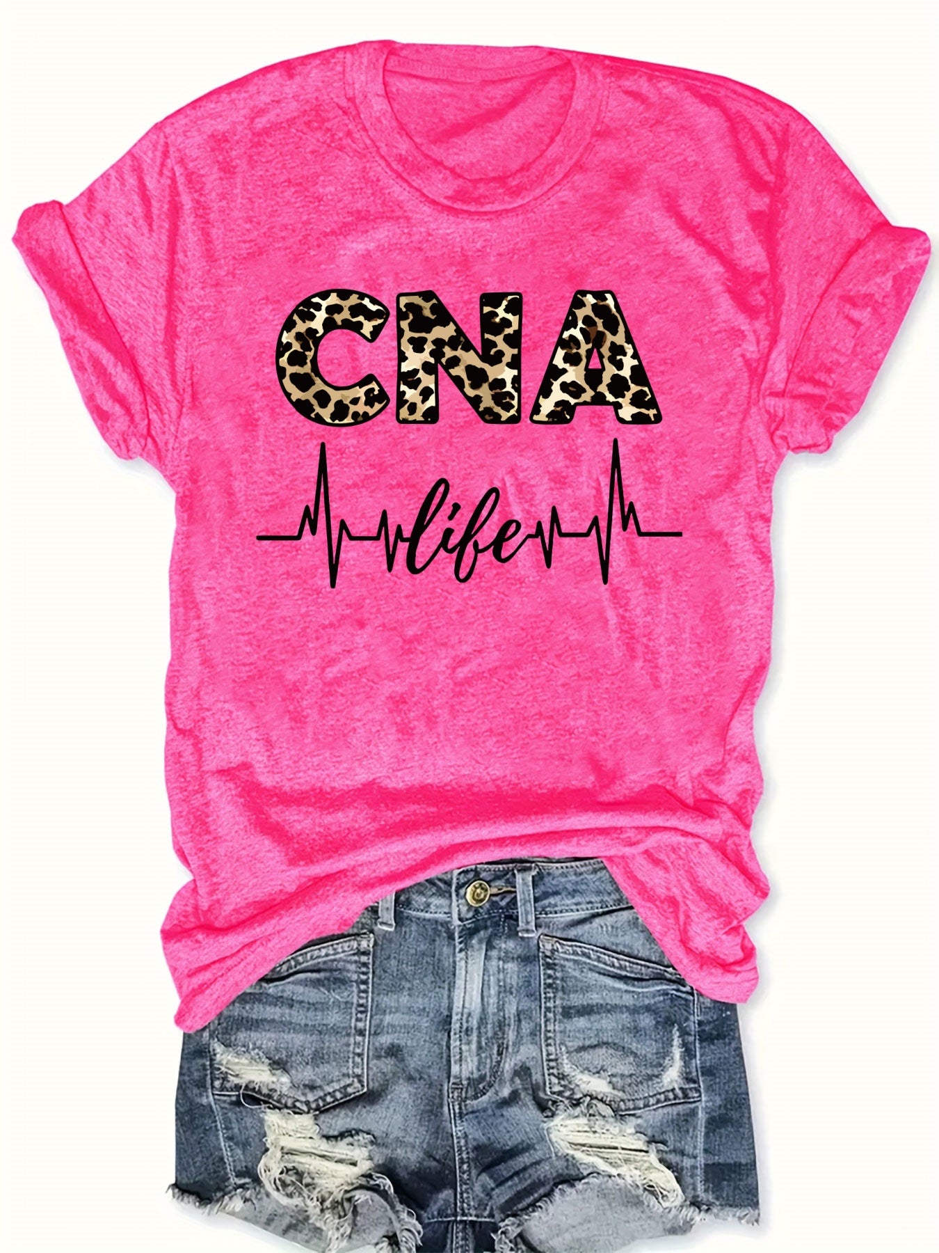 Women'S Casual CNA Graphic Tee - Red Crew Neck T-Shirt with Leopard Print "CNA" Design & Heartbeat Line, All-Season Fashion, Casual Wear|Leopard Print Top|Comfortable Fit, Nurses Shirt