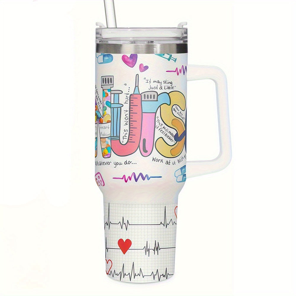 [Stainless Steel Nurse Box Print] 1 Pcs, 40oz 304 Stainless Steel Insulation Water Bottle, Nurse Box Print Tumbler, With Straw Car Cup, Suitable For Refrigerating For 12 Hours And Heat Keeping For 6 Hours, Birthday, Party, Fa