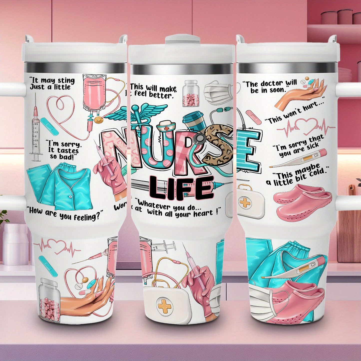 1pc Gift for Nurse 40oz Vacuum Insulated Water Bottle with Handle, Quencher Tumbler, 304 Stainless Steel, Keeps Cold for 24 Hours, BPA-Free, Portable Drinking Cup, for Car, Home, Office, Summer Winter Drinkware, Travel Access