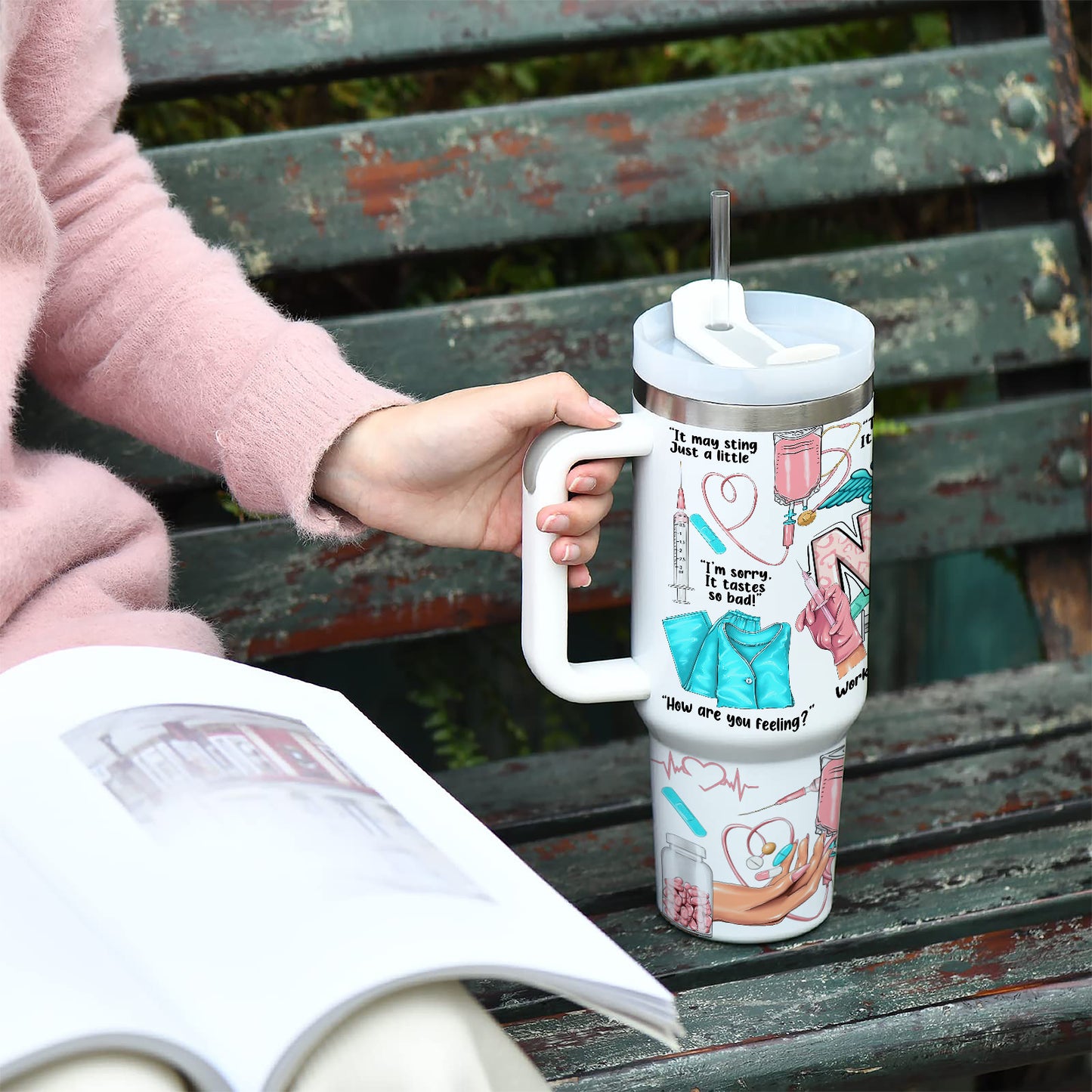 1pc Gift for Nurse 40oz Vacuum Insulated Water Bottle with Handle, Quencher Tumbler, 304 Stainless Steel, Keeps Cold for 24 Hours, BPA-Free, Portable Drinking Cup, for Car, Home, Office, Summer Winter Drinkware, Travel Access