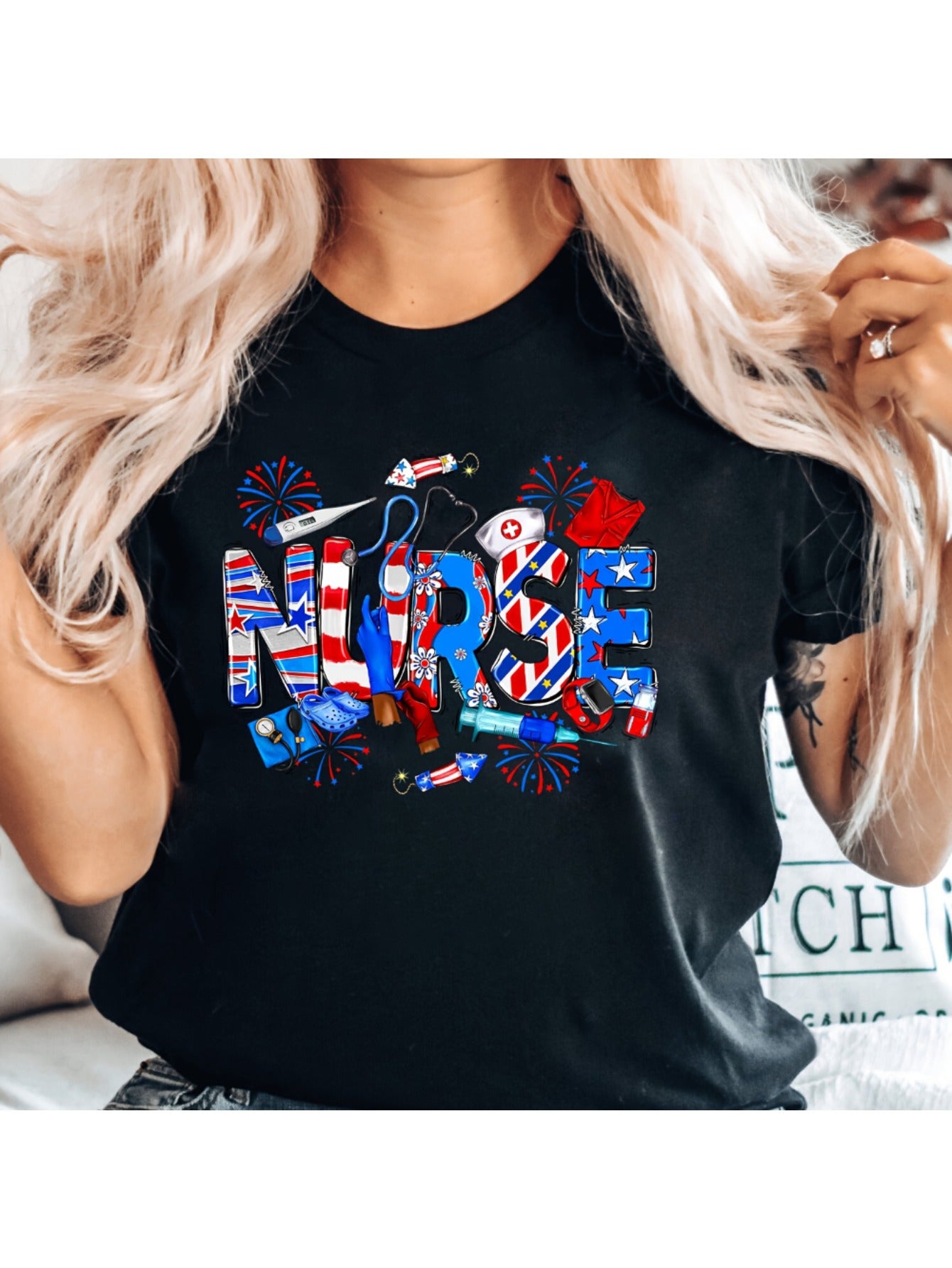 [4th July Fireworks Tee] 4th July Nurse Fireworks Print Crew Neck T-Shirt - Casual Short Sleeve - Women's Clothing