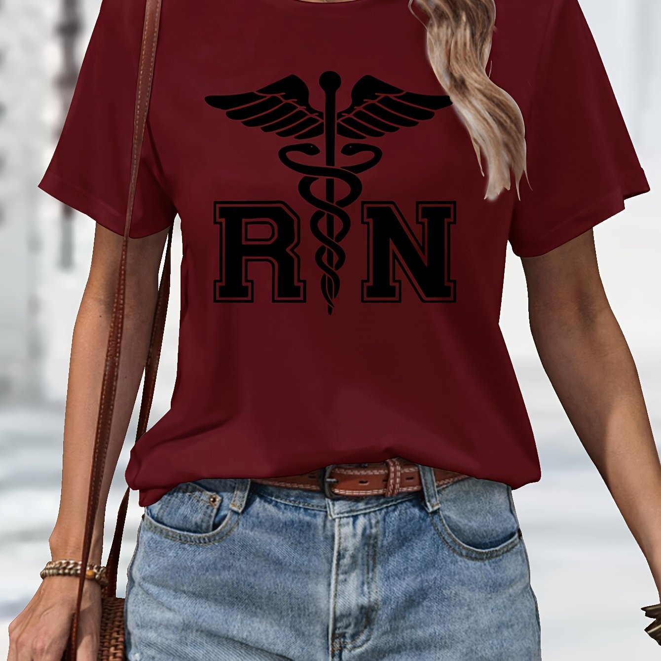 Women's Casual Nurse T-Shirt with RN Graphic - Black Short Sleeve, Round Neck, Machine Washable, Polyester Blend, Comfortable Casual Attire, Nurse Shirt
