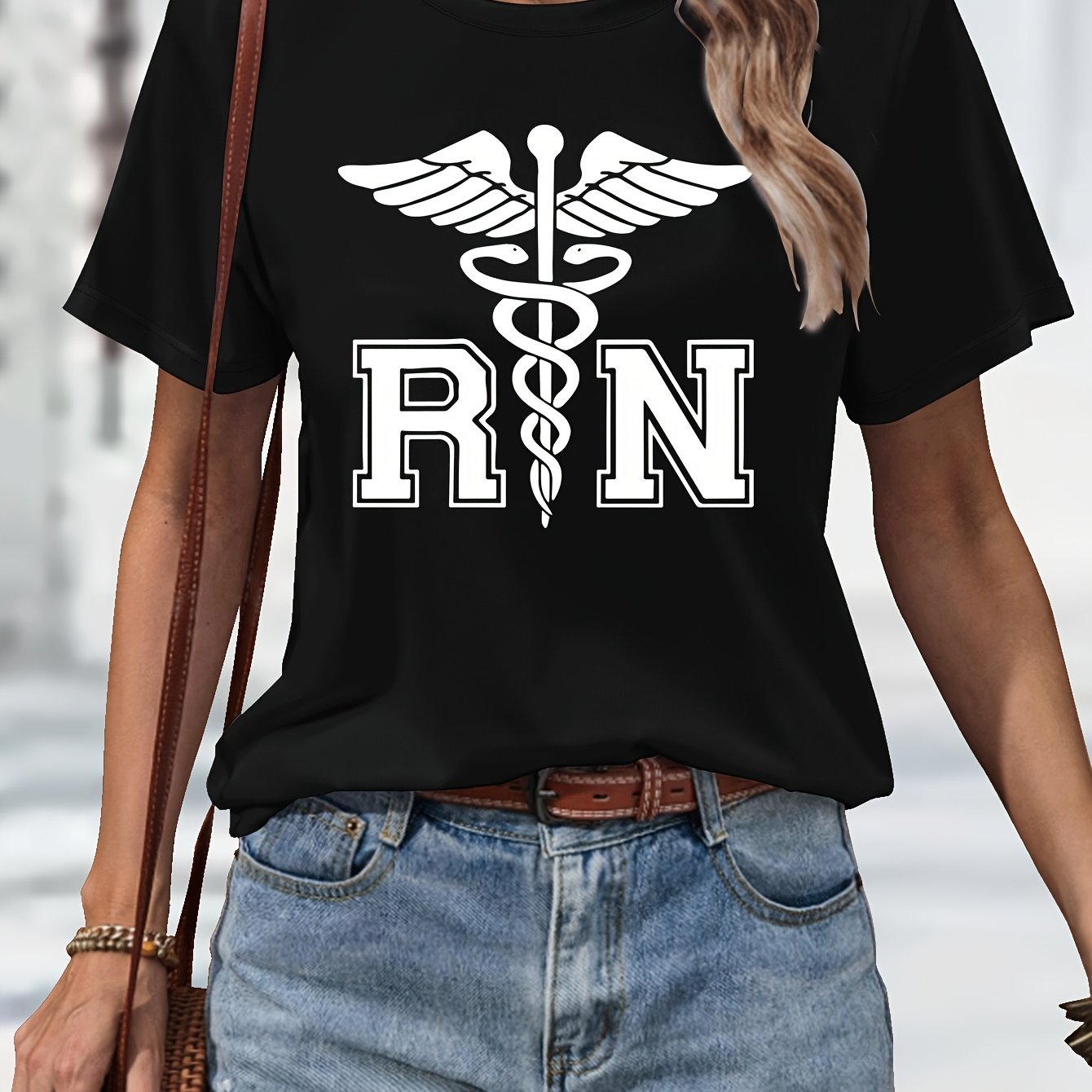 Women's Casual Nurse T-Shirt with RN Graphic - Black Short Sleeve, Round Neck, Machine Washable, Polyester Blend, Comfortable Casual Attire, Nurse Shirt