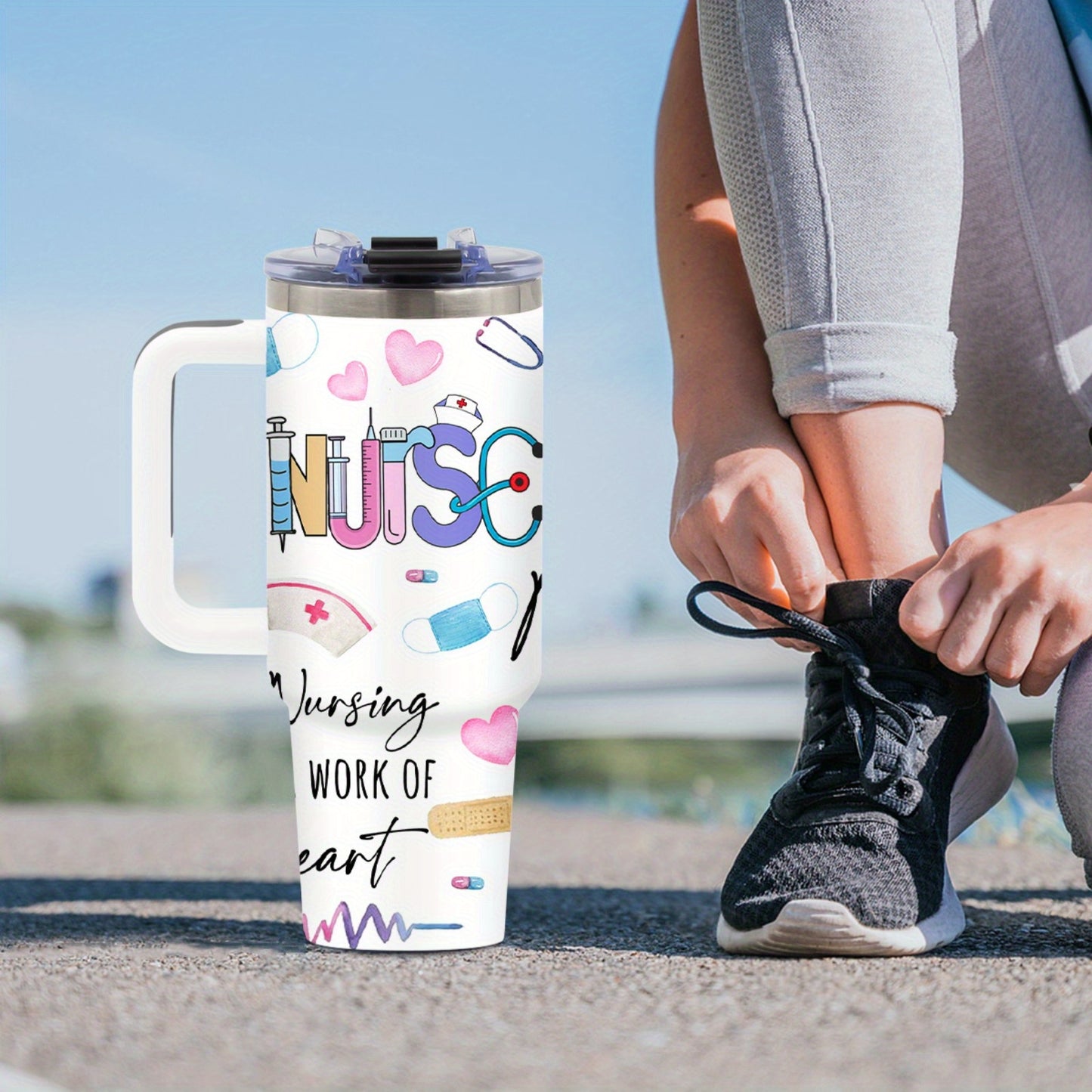 Nurse Gifts for Women, Nurse Nutrition Facts Tumbler with Handle 40oz Flip Straw Stainless Steel Coffee Travel Cup, Nurse Appreciation Gifts for Birthday Nurse Week Graduation, Sports Cup, for Outdoor Sports