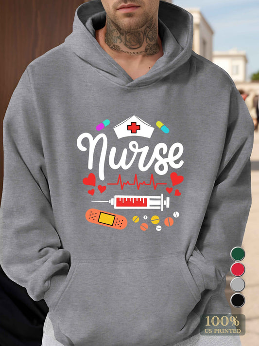 [1pc Plus Size Nurse Sweatshirt] [1pc Nurse Print Hooded Sweatshirt] 1pc Plus Size Men'S Casual Nurse Print Hooded Sweatshirt, 100% Polyester, Relaxed Fit, Non-Stretch, 250g/m² Knit Fabric, Printed Design