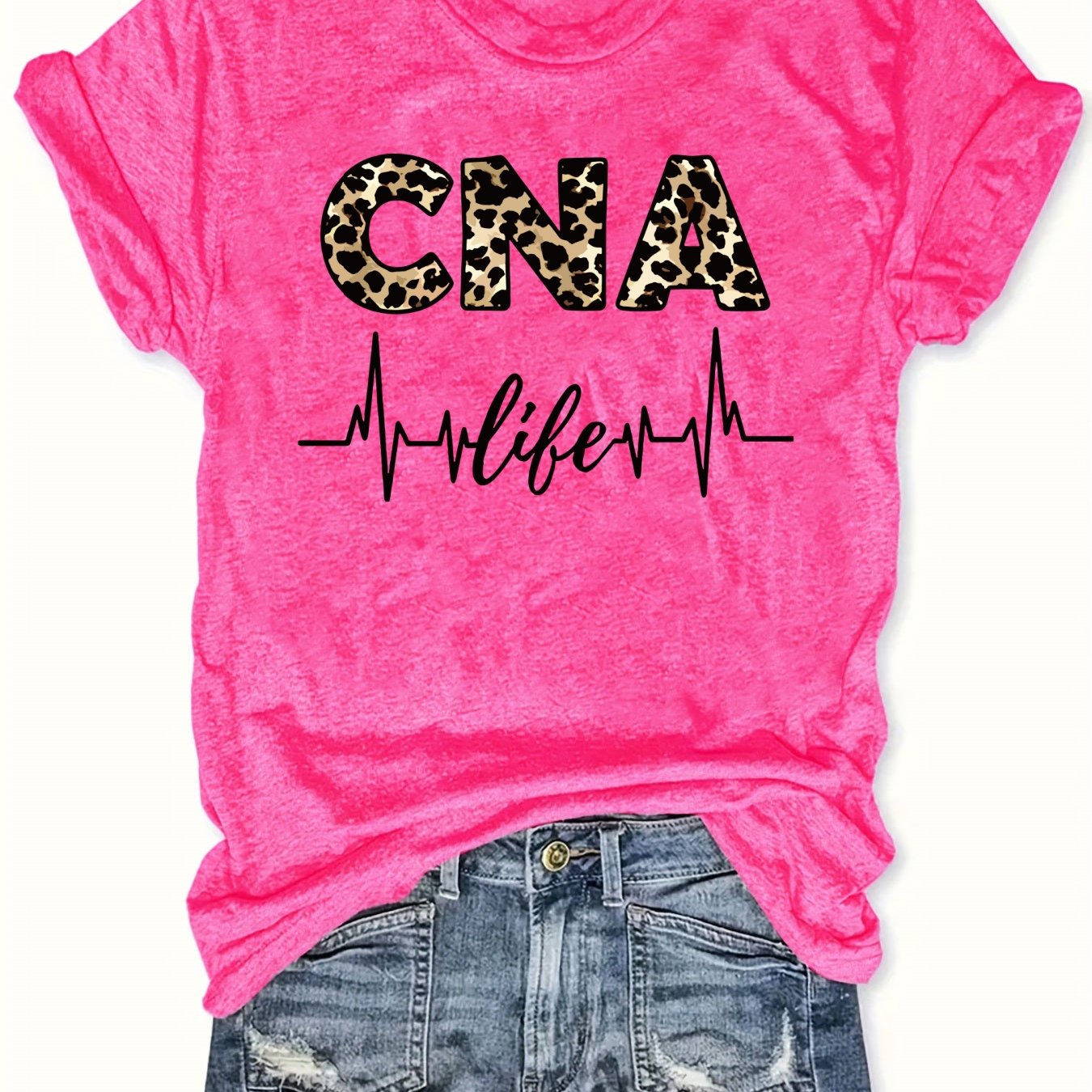 Women'S Casual CNA Graphic Tee - Red Crew Neck T-Shirt with Leopard Print "CNA" Design & Heartbeat Line, All-Season Fashion, Casual Wear|Leopard Print Top|Comfortable Fit, Nurses Shirt
