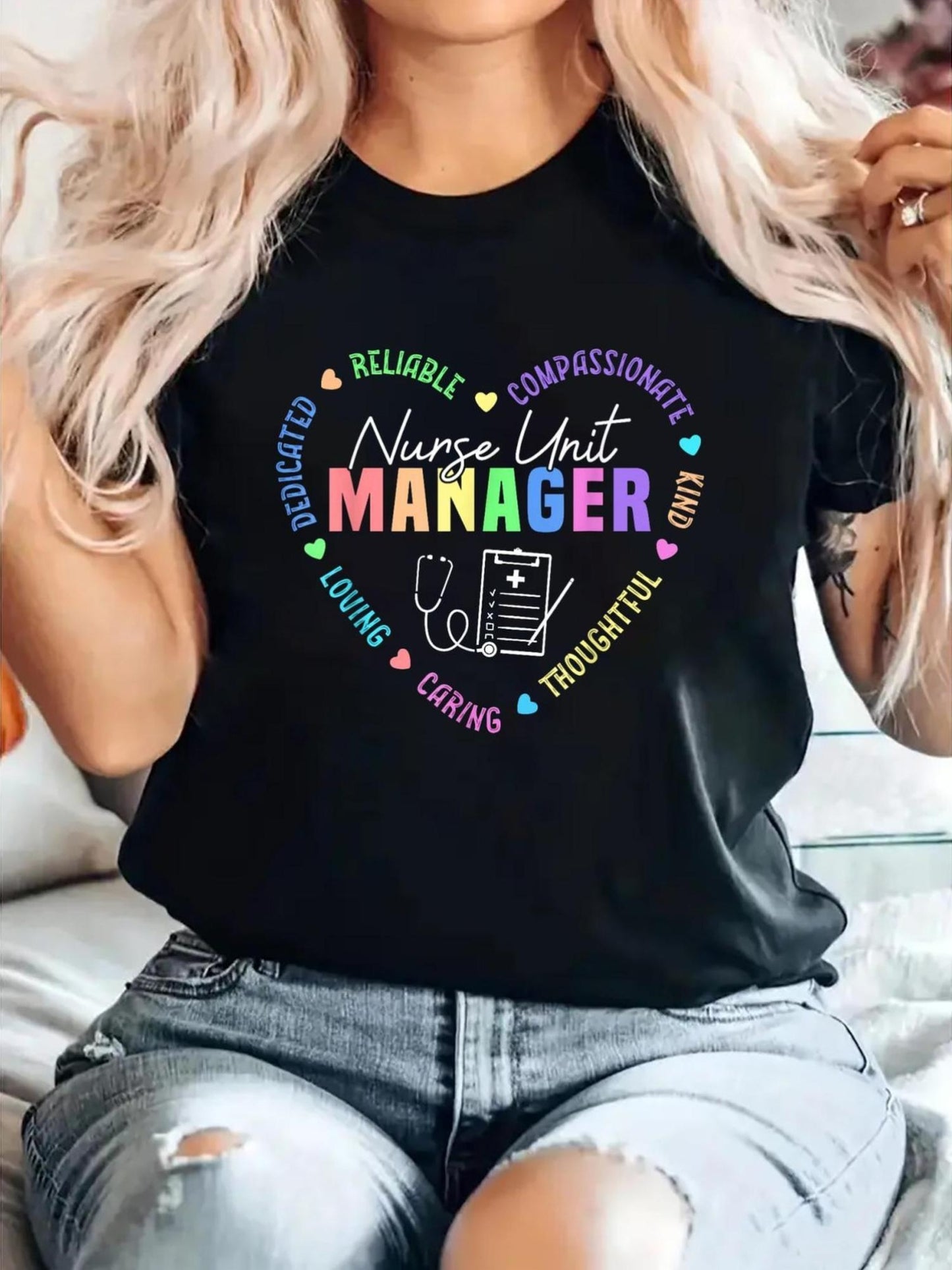 Women's "Nurse Unit Manager" Appreciation T-Shirt - Black Crew Neck with Colorful Medical Terminology Print, Short Sleeve Casual Top for Spring & Summer, Casual Summer Top