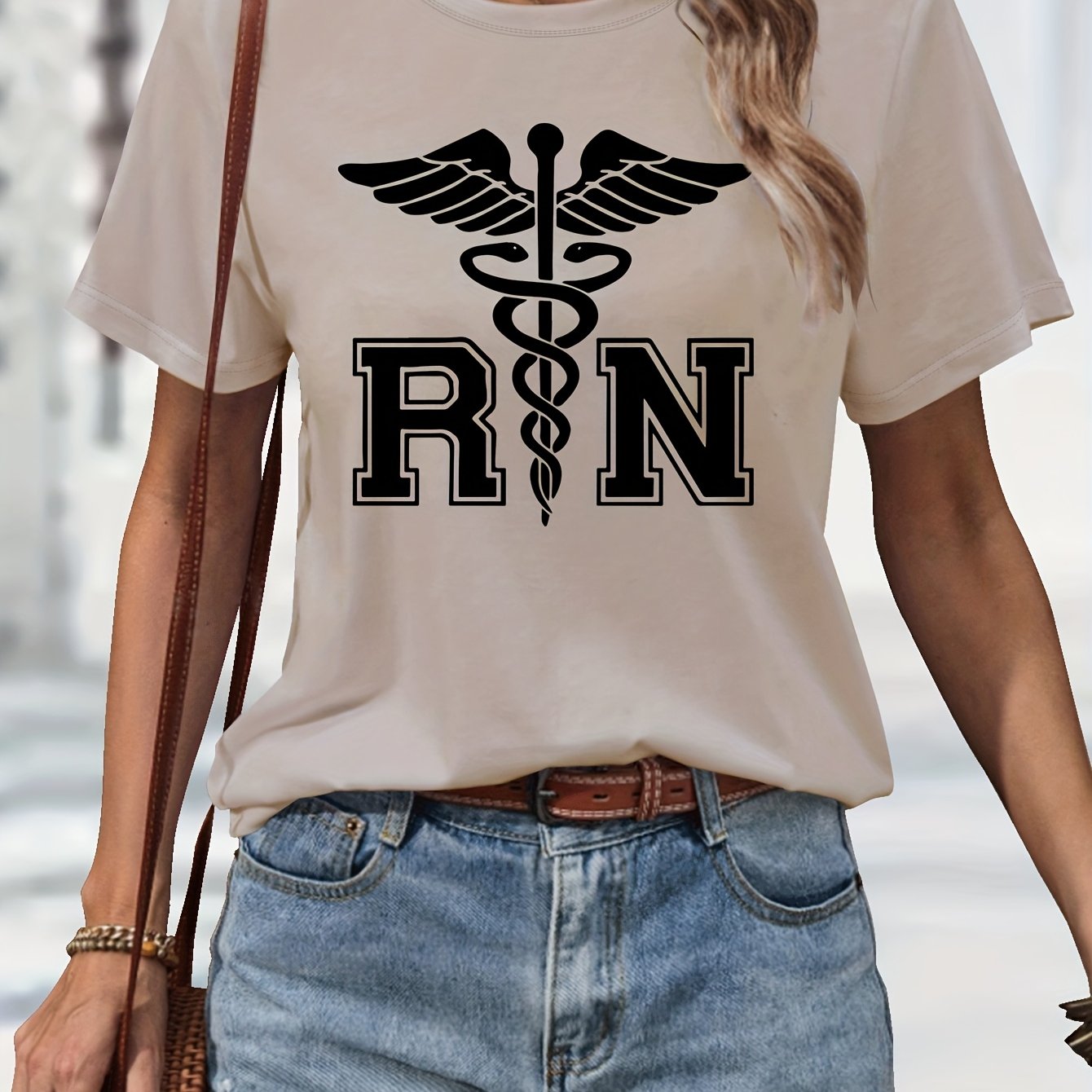 Women's Casual Nurse T-Shirt with RN Graphic - Black Short Sleeve, Round Neck, Machine Washable, Polyester Blend, Comfortable Casual Attire, Nurse Shirt