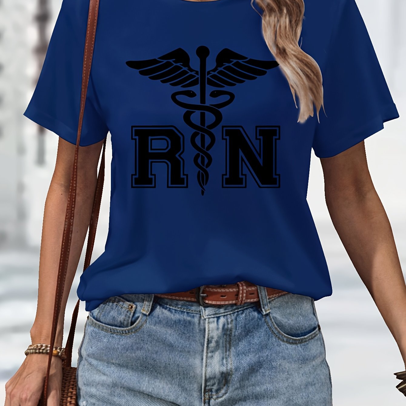 Women's Casual Nurse T-Shirt with RN Graphic - Black Short Sleeve, Round Neck, Machine Washable, Polyester Blend, Comfortable Casual Attire, Nurse Shirt