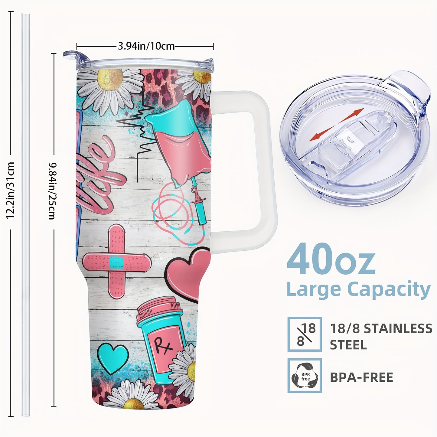 40oz Stainless Steel Tumbler with Lid - Nurse Humor Design, Vacuum Insulated Water Bottle for All Seasons, Perfect for Outdoor Adventures & Gifts