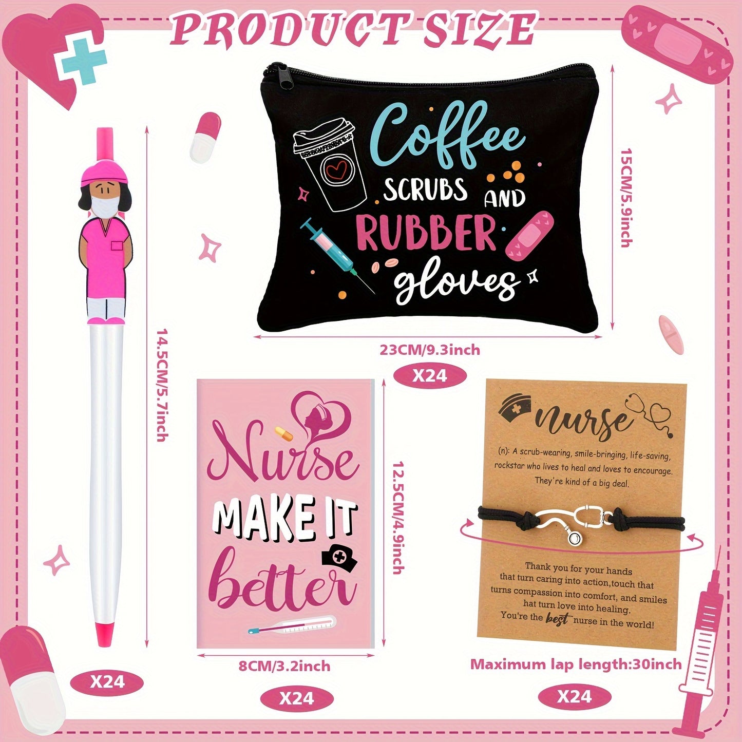 96 Pcs Nurse Appreciation Christmas Gifts Set 24 Nurse Makeup Cosmetic Bag 24 Pocket Journal 24 Doctor Nurse Ballpoint Pen 24 Stethoscope Bracelet For Nursing Students School Practitioner Gifts